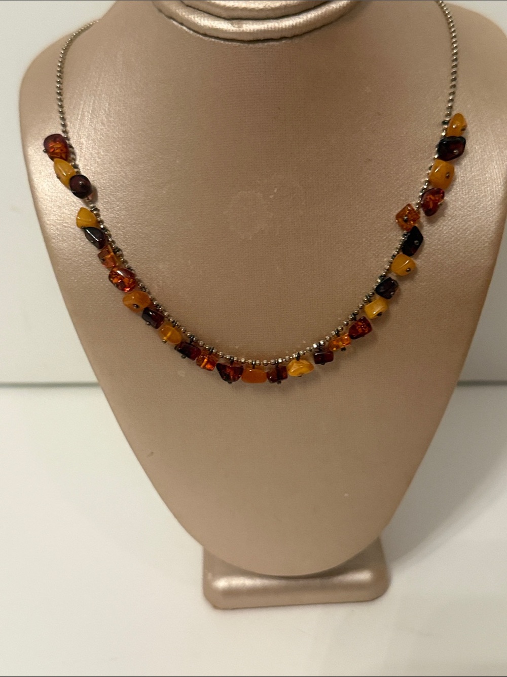 NECKLACE STERLING SILVER 925 BEADED BALL CHAIN TRI COLOR SMALL AMBER NUGGETS 16”